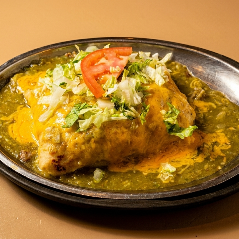 Smothered burrito with green chile sauce, melted cheese, lettuce, and tomato in a metal dish.