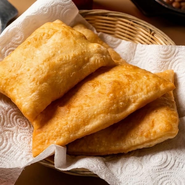 Golden brown sopapillas in a basket lined with a paper towel, with Mexican food in the background.